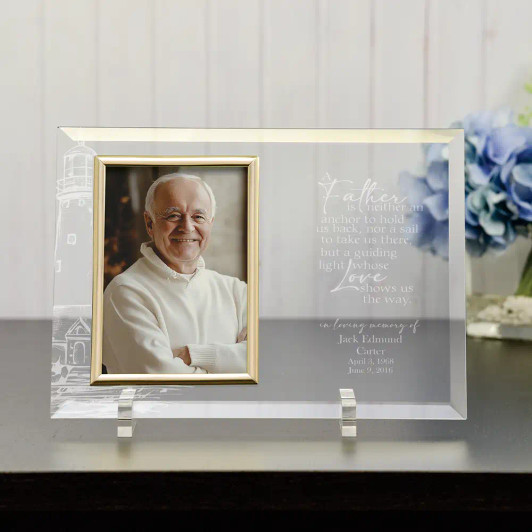 My Father, My Guide glass memorial photo frame holding a 4x6 photo, a personalized tribute for loss of a father