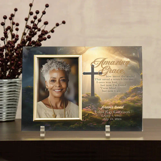Amazing Grace glass memorial picture frame with elegant script, holds a 4x6 photo, personalized with a loved one's name
