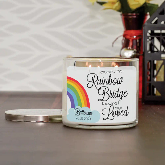 Rainbow Bridge pet remembrance candle, personalized to honor a beloved pet
