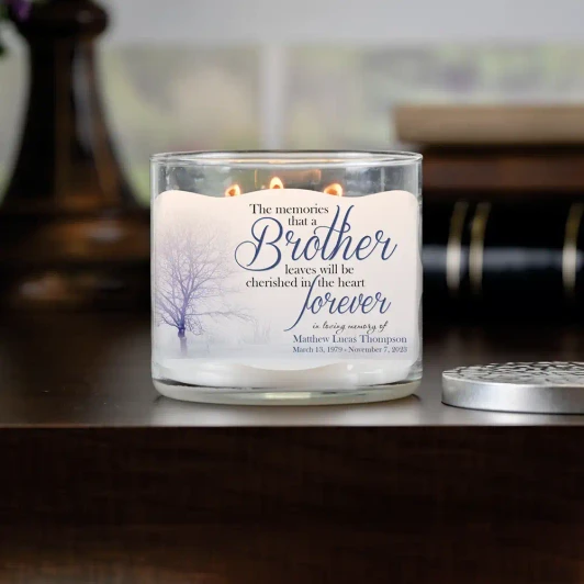 My Brother Memorial 3-wick soy candle, personalized with his name and dates