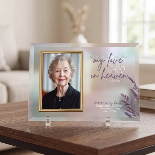 Reunited spouse memorial glass photo frame holding a 4x6 photo, personalized with name and dates, a tribute for loss of a spouse