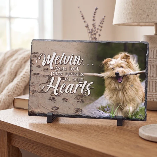 Paw Prints on Our Hearts slate pet memorial plaque, personalized with your pet's photo and name