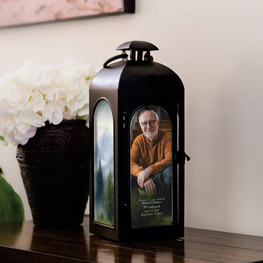 Personalized memorial lantern shown illuminated