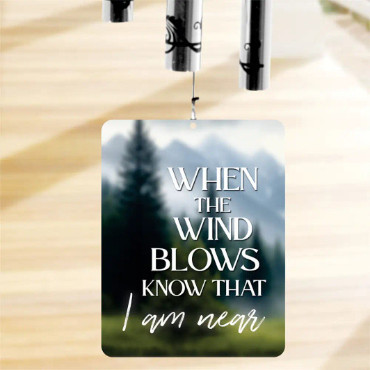 I Am Near Memory Chime sail featuring Remember Me Gifts' trademarked verse "When the Wind Blows, Know That I Am Near" — personalized with photo, name and dates