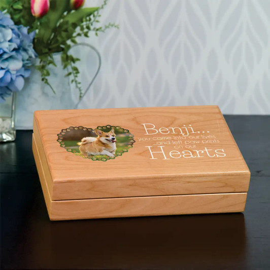 Paw Prints pet memorial keepsake box, felt lined, holds collar tags and mementos, personalized for a beloved pet