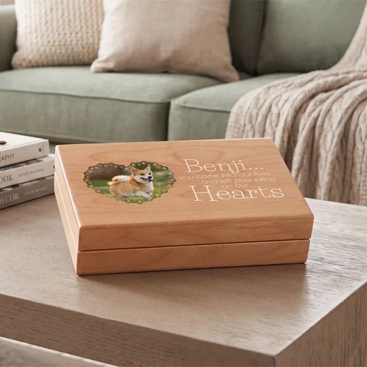 Paw Prints pet memorial keepsake box, felt lined, holds collar tags and mementos, personalized for a beloved pet