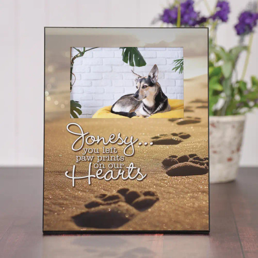 Paw Prints dog memorial photo frame with paw print design, personalized with your pet's name and photo