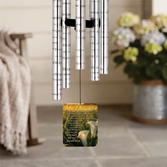 My Daughter Memorial Wind Chime sail featuring poem "Though time may pass, you're never gone, in heart and soul, you still live on" — personalized with daughter's name and dates
