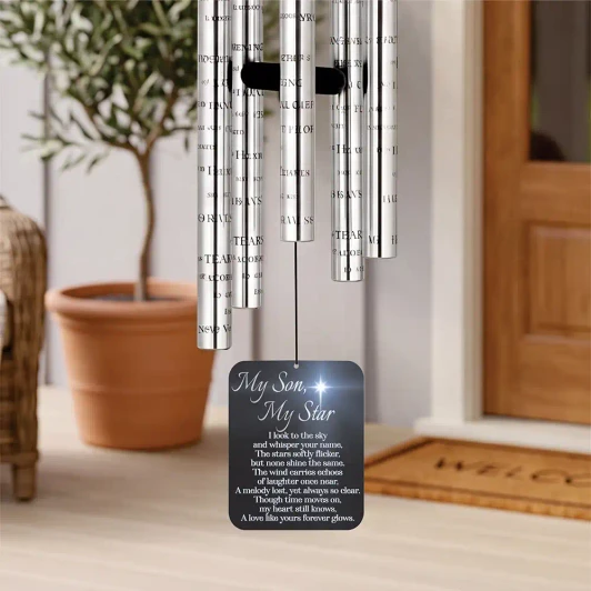 My Son Memorial Wind Chime sail featuring poem "Though time moves on, my heart still knows, a love like yours forever glows" — personalized with son's name and dates