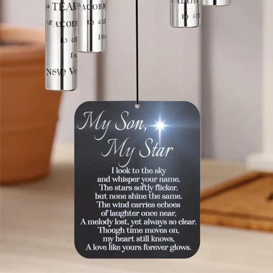 My Son Memorial Wind Chime sail featuring poem "Though time moves on, my heart still knows, a love like yours forever glows" — personalized with son's name and dates