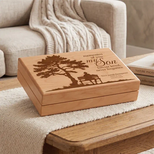 My Son alder wood memorial keepsake box, felt lined, a personalized tribute for the loss of a son