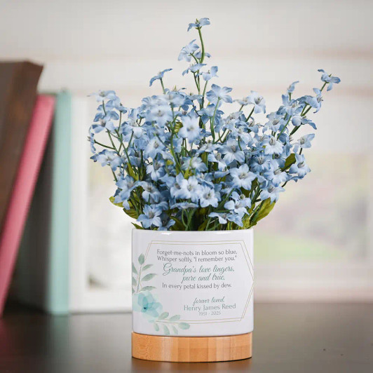Grandpa's Love personalized memorial flower pot with forget-me-not seeds, engraved with his name and dates