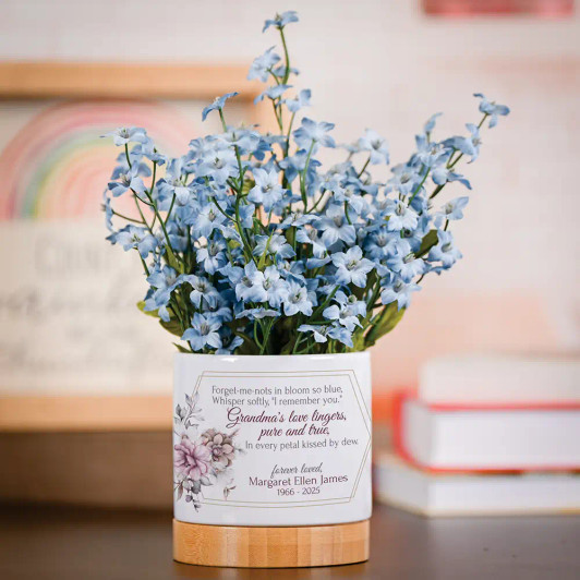 Grandma's Love personalized memorial flower pot with forget-me-not seeds, personalized with her name and dates
