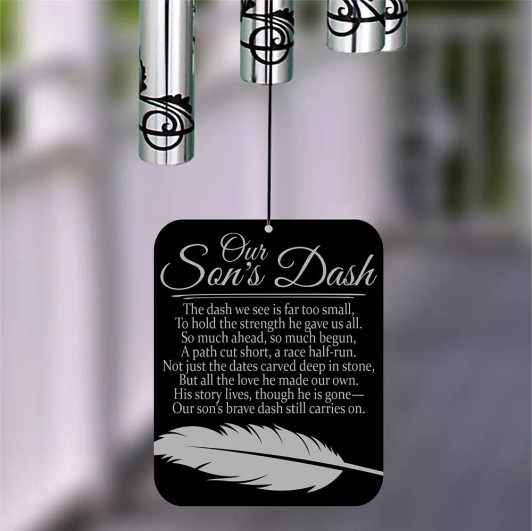 Our Son's Dash Memorial Wind Chime sail featuring poem "Our son's brave dash still carries on" — personalized with son's name and dates
