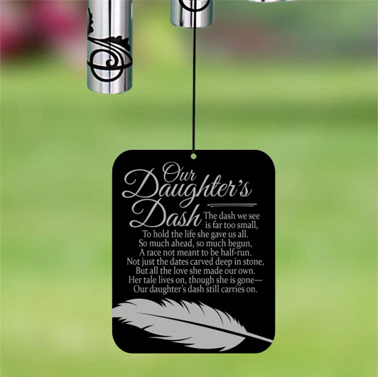 Our Daughter's Dash Memorial Wind Chime sail featuring poem "Our daughter's dash still carries on" — personalized with daughter's name and dates