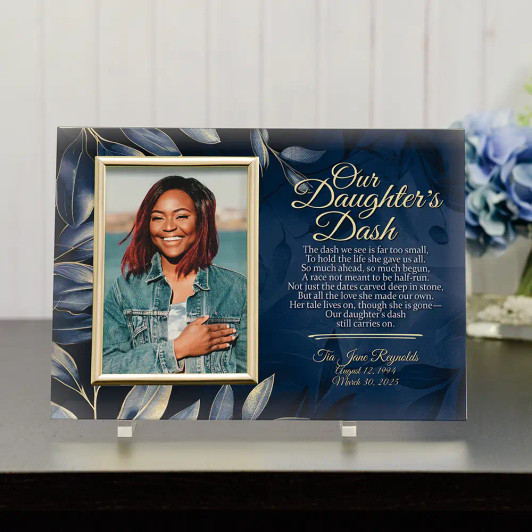 Our Daughter's Dash glass memorial frame engraved with The Dash poem, personalized with name and dates, displayed on easel legs