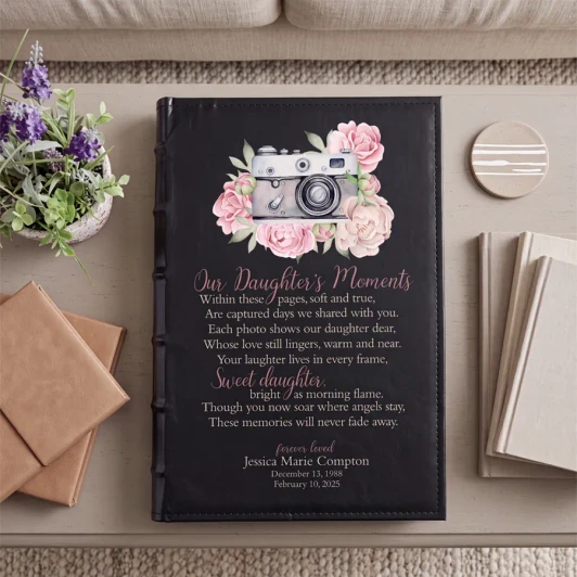 Our Daughter's Moments memorial photo album holds 300 of your precious photos and is personalized with his name and dates on the cover of the album