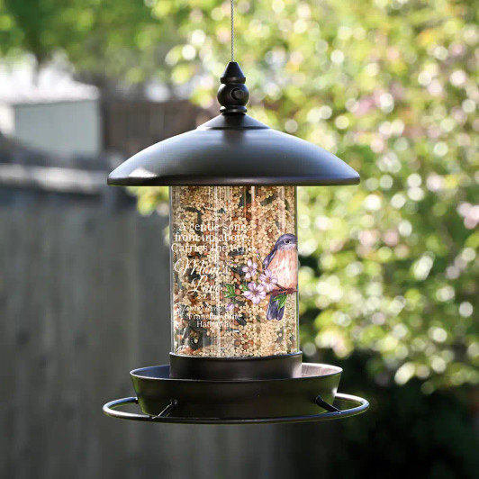 Personalized memorial bird feeder for loss of mom has her name and dates Personalized memorial bird feeder for loss of mom has her name and dates