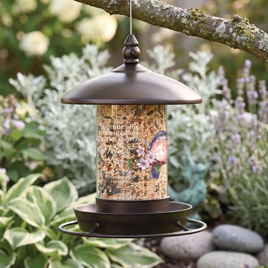Personalized memorial bird feeder for loss of mom has her name and dates