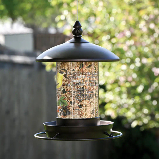 Memorial bird feeder for loss of son is personalized with his name and dates. Memorial bird feeder for loss of son is personalized with his name and dates.