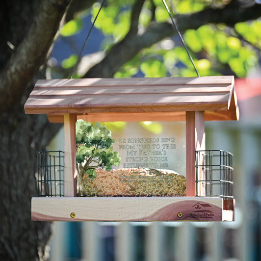 Personalized memorial bird feeder is made of cedar and personalized with father's name and dates Personalized memorial bird feeder is made of cedar and personalized with father's name and dates