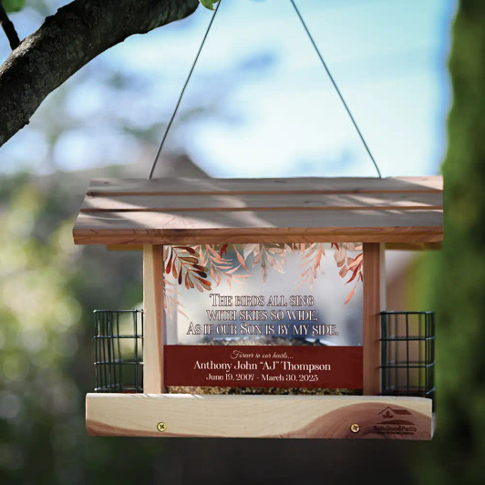 Personalized memorial bird feeder is made of cedar and personalized with son's name and dates Personalized memorial bird feeder is made of cedar and personalized with son's name and dates