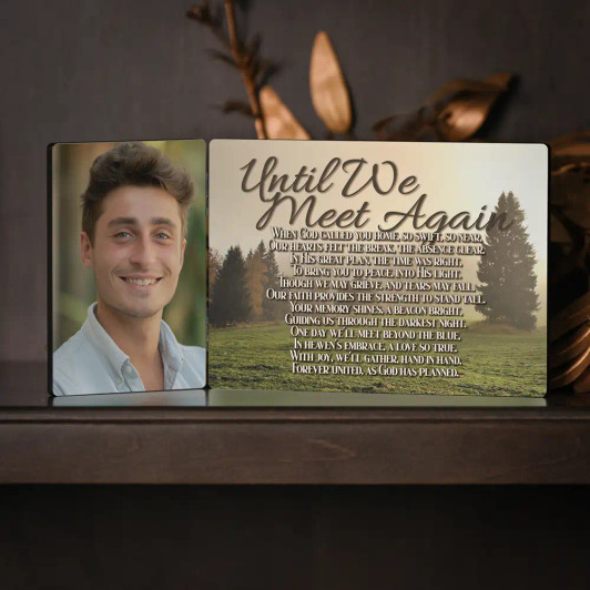This memorial plaque features 2 smaller plaques on a hinge and personalized with your loved one's picture on the smaller, left plaque. This memorial plaque features 2 smaller plaques on a hinge and personalized with your loved one's picture on the smaller, left plaque.
