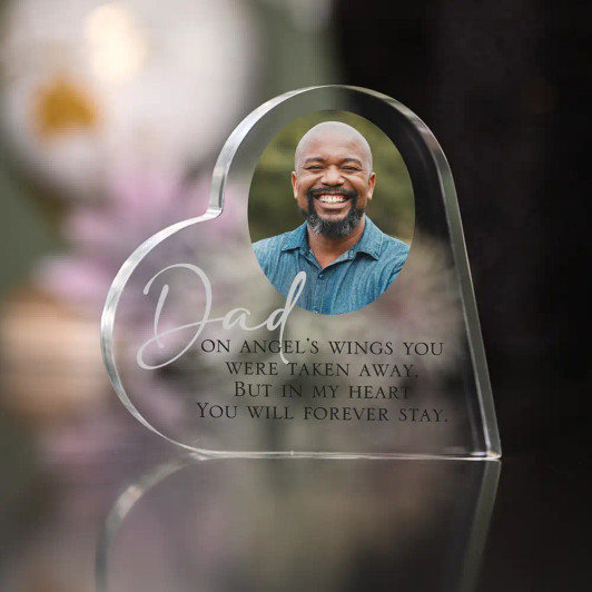 The Dad in my Heart acrylic plaque features a short verse along withyour dad's picture printed on a 1" thick acrylic heart The Dad in my Heart acrylic plaque features a short verse along withyour dad's picture printed on a 1" thick acrylic heart