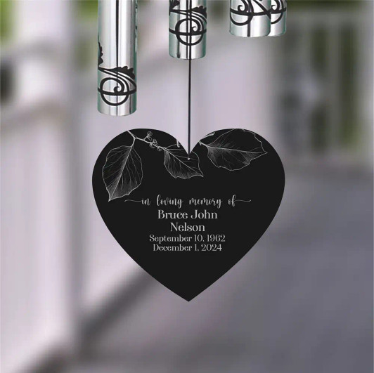 Whisper of Love Chime heart sail featuring verse "Though winds may blow and skies may part, I hold you tenderly in my heart" — personalized with name and dates