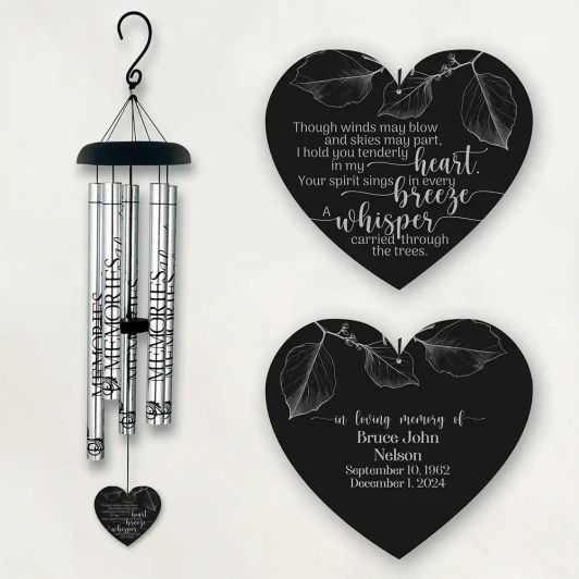 Whisper of Love Memorial Wind Chime — personalized 40" sympathy gift for loss of a loved one featuring verse "Though winds may blow and skies may part, I hold you tenderly in my heart"