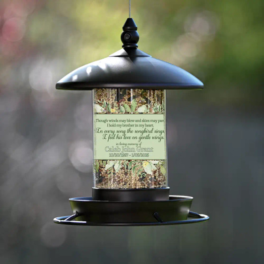 Memorial bird feeder for loss of brother is personalized with his name and dates along with a short verse