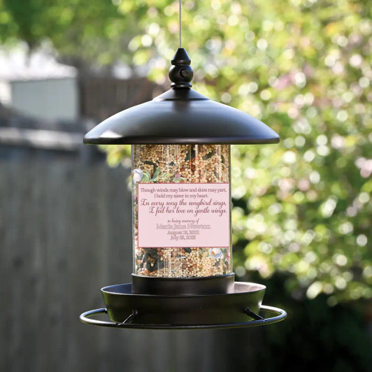 Memorial bird feeder for loss of sister is personalized with her name and dates along with a short verse