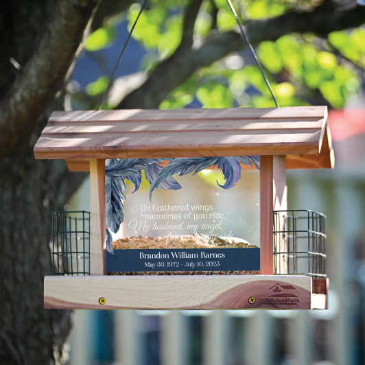 Personalized My Husband cedar memorial bird feeder with his name, dates, and a remembrance verse on the side panels