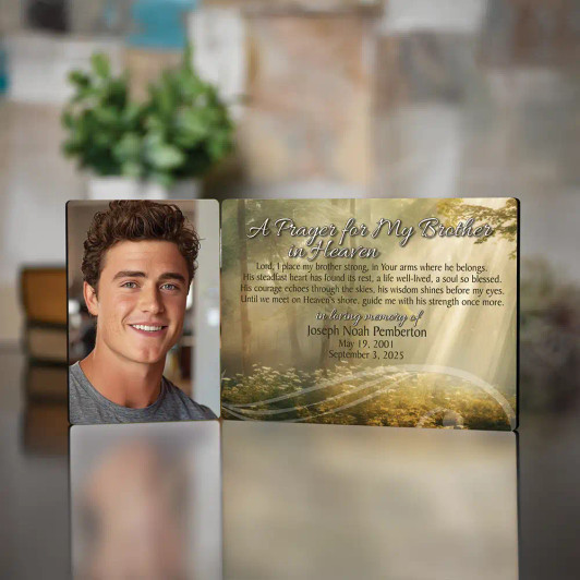 This memorial plaque features 2 smaller plaques on a hinge and personalized with your brother's picture on the smaller, left plaque. This memorial plaque features 2 smaller plaques on a hinge and personalized with your brother's picture on the smaller, left plaque.