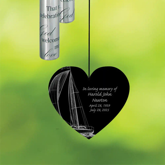 My Father's Strength Memorial Wind Chime is personalized with dad's name and dates on the back of the sail