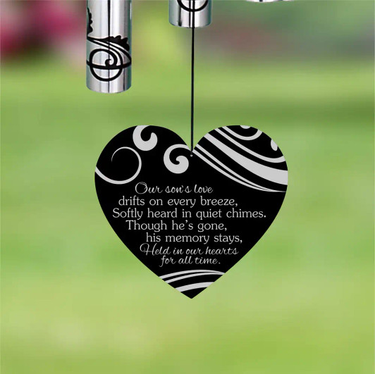 The Our Son's Love Memorial chime features a heartfelt poem on the front of the sail.