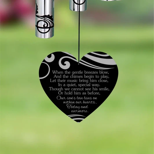 Our Son's Love Memorial Wind Chime sail featuring poem "Our son's love drifts on every breeze, softly heard in quiet chimes" — personalized with name and dates