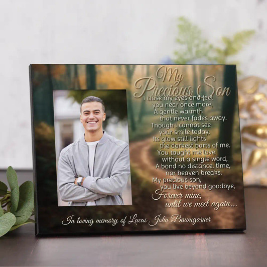 My Precious Son personalized memorial frame features a tribute poem to your son and is personalized with hhis name.  Holds a 4"x6" picture