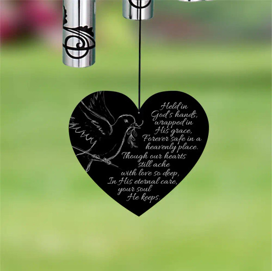 God's Eternal Care Memorial Chime sail featuring poem "Held in God's hands, wrapped in His grace, forever safe in a heavenly place" — personalized with name and dates