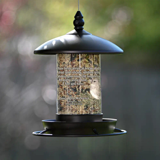 Memorial bird feeder for loss of grandpa is personalized with his name and dates along with a short verse