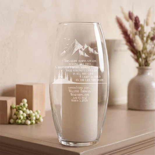 My Brother's Spirit memorial glass hurricane with 6-inch LED candle, personalized with his name and dates