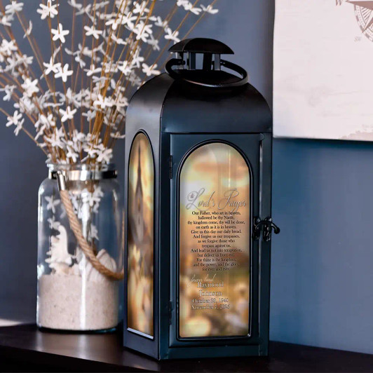Personalized Lord's Prayer memorial lantern printed with name and dates, shown unlit
