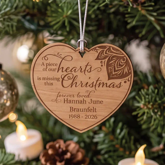 Personalized Piece of My Heart rustic pine wood memorial ornament engraved with name and dates