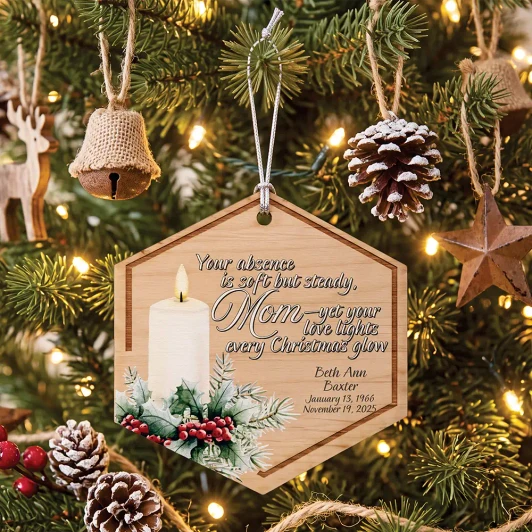 Personalized Mother's Light at Christmas rustic pine wood memorial ornament engraved with name and dates