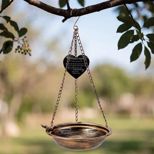 Love Lives On personalized memorial bird bath hanging outdoors