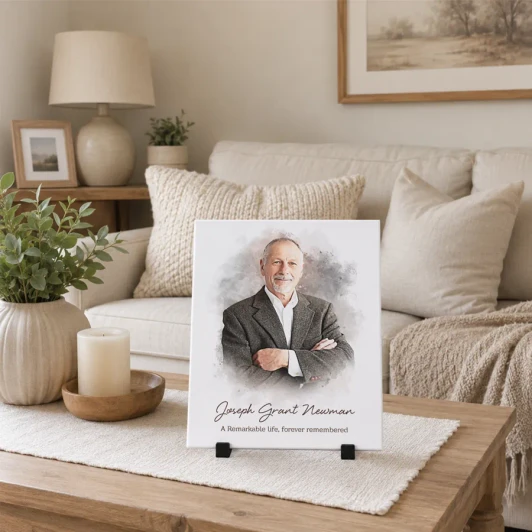 Watercolor-style memorial portrait created from uploaded photo