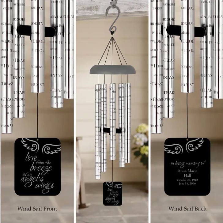 Angel Wings Wind Chime sail engraved with angel wings design — personalized with name and dates