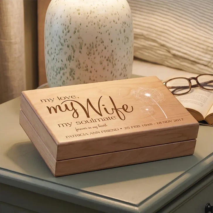 My Wife alder wood memorial keepsake box, felt lined, a personalized tribute for the loss of a wife