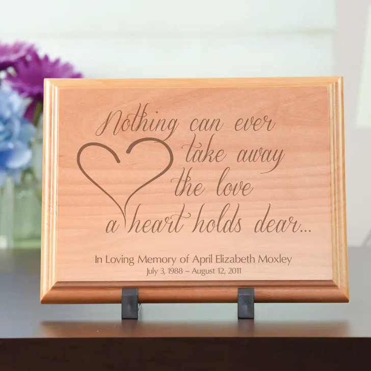 The Love a Heart Holds Dear wooden memorial plaque, personalized with name and dates