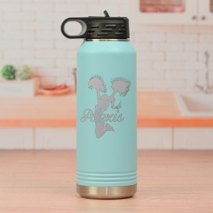 Personalized Cheerleader Water Bottle shown in teal